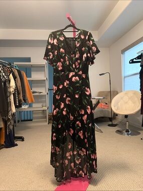 Black Maxi Dress with Pink Floral Print - V-Neck Flutter Sleeve